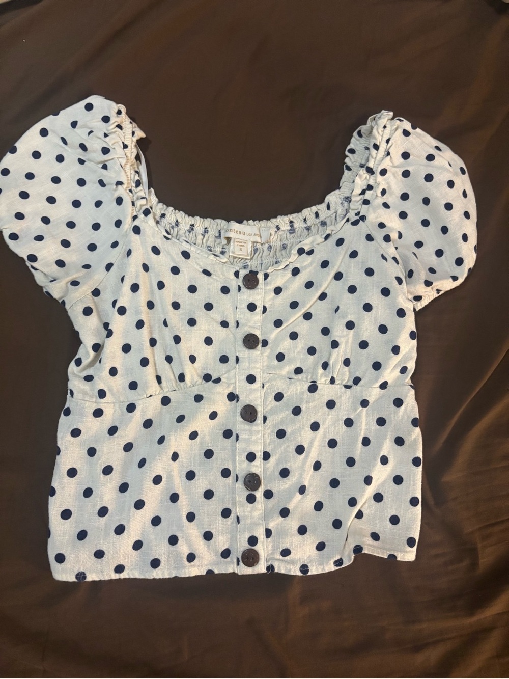 Polka Dot Puff Sleeve Button-Front Top - White with Navy Dots